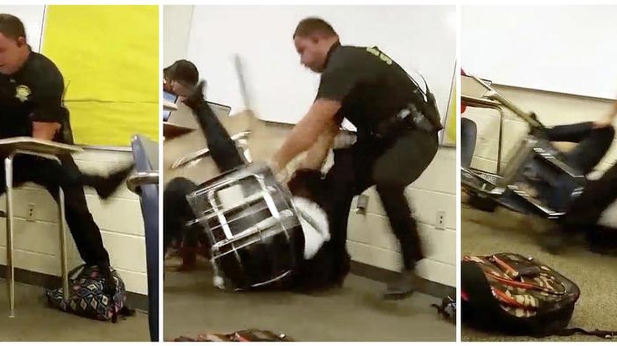 This three-image combo made from video taken by a Spring Valley High School student on Monday, Oct, 26, 2015, shows Senior Deputy Ben Fields forcibly removing a student from her chair after she refused to leave her high school math class, in Columbia S.C.