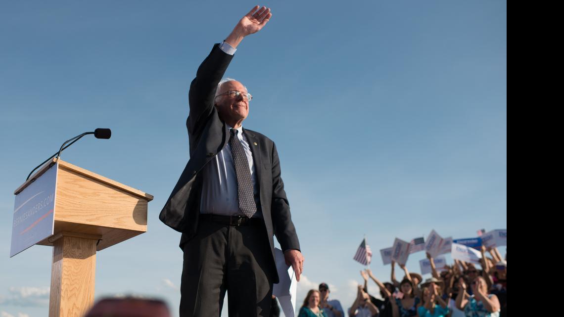 
Sen. Bernie Sanders, I-Vt., waves to the crowd on Tuesday, May 26, 2015 in Burlington, Vt., after formally announcing he will seek the Democratic nomination for president.
