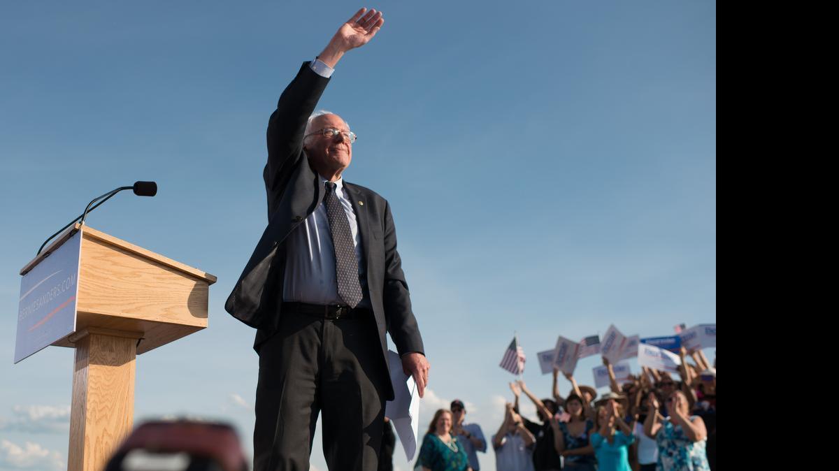 
Sen. Bernie Sanders, I-Vt., waves to the crowd on Tuesday, May 26, 2015 in Burlington, Vt., after formally announcing he will seek the Democratic nomination for president.
