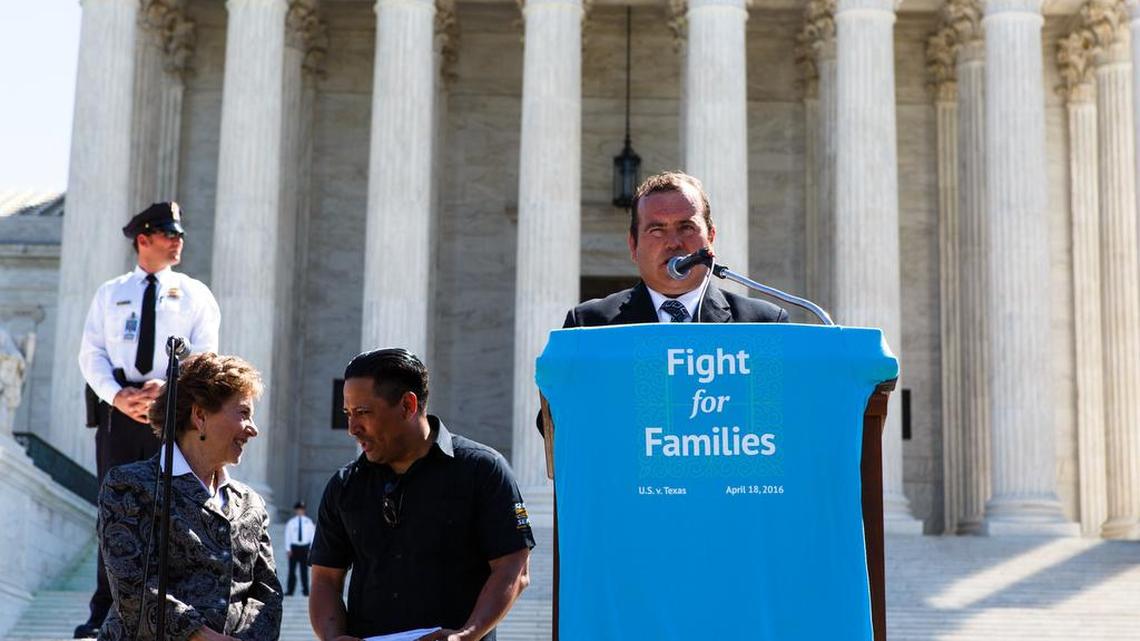 Immigration activist Antonio Campos speaks outside the U.S. Supreme Court in Washington, D.C., on Monday, April 18, 2016.