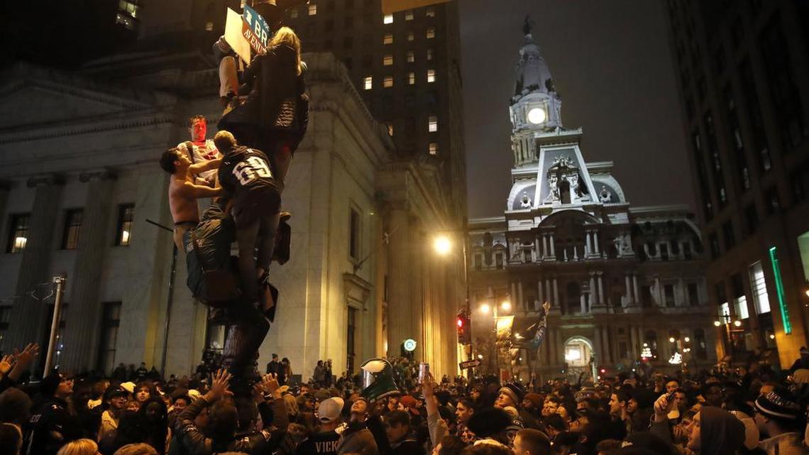 Sports fan rioting in America is usually limited to vandalism, or violence directed at inanimate objects. Philadelphia Eagles fans celebrate the team's victory in NFL Super Bowl 52, Feb. 4, 2018, in downtown Philadelphia.