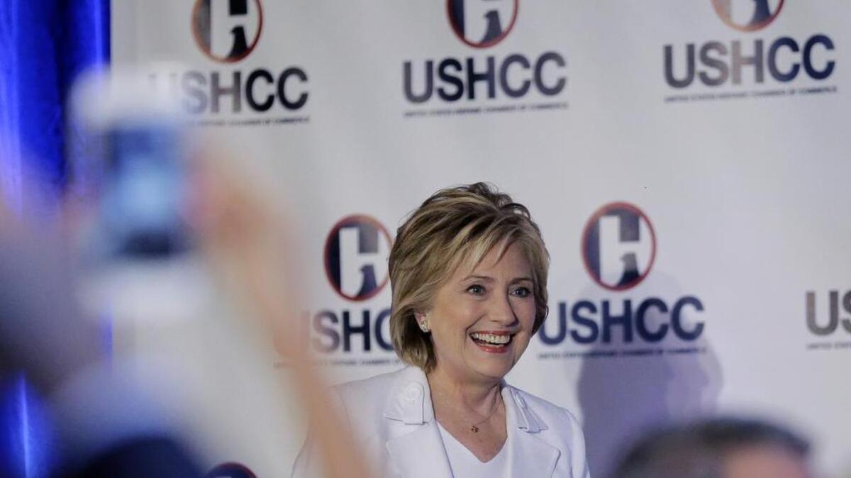 
Democratic presidential candidate Hillary Rodham Clinton arrives to speak to the United States Hispanic Chamber of Commerce, Thursday, Oct. 15, 2015, in San Antonio. 
