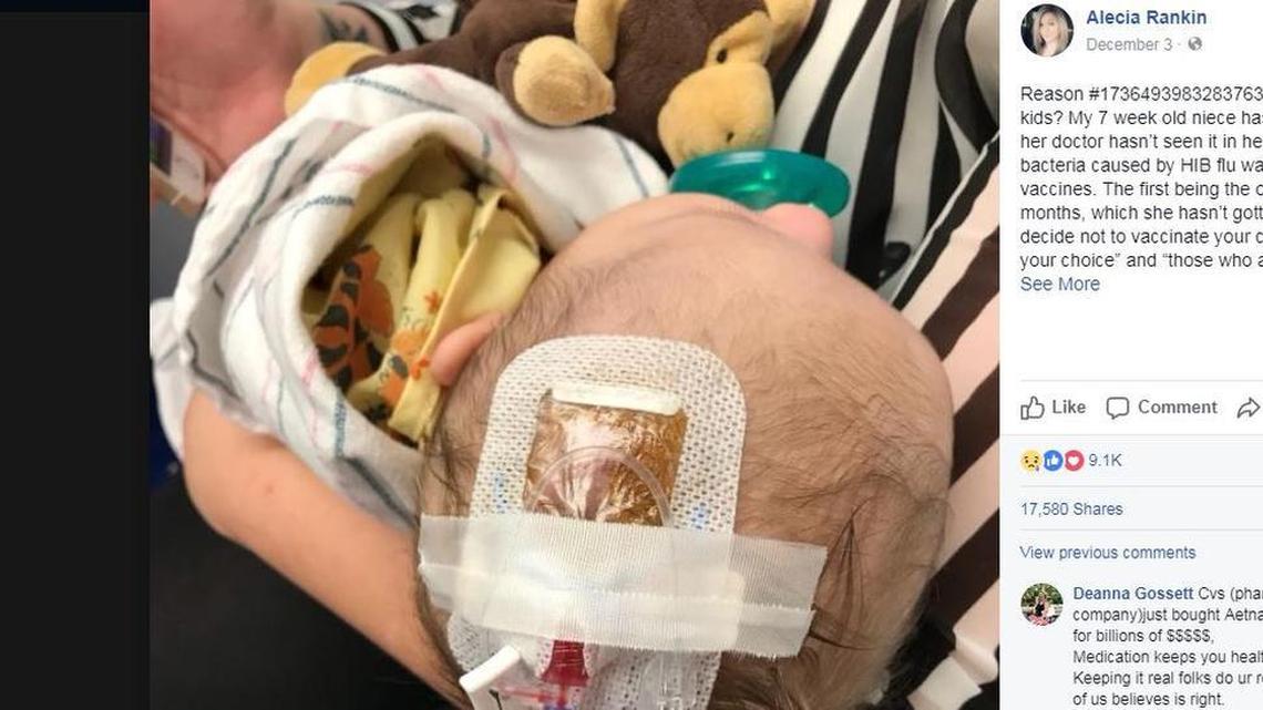 Alecia Rankin, of Knoxville, Tenn., shared a heartbreaking photo of her 7-week-old niece in the hospital fighting HIB flu, a rare bacterial disease that can be prevented with a vaccine.