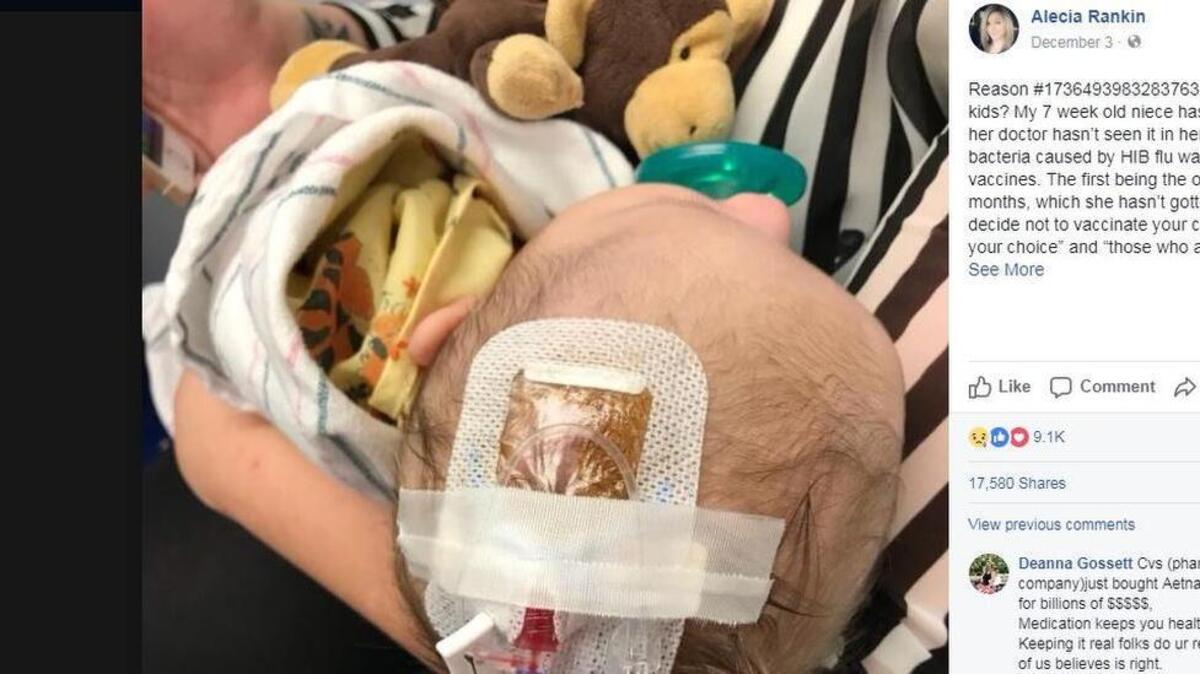 Alecia Rankin, of Knoxville, Tenn., shared a heartbreaking photo of her 7-week-old niece in the hospital fighting HIB flu, a rare bacterial disease that can be prevented with a vaccine.