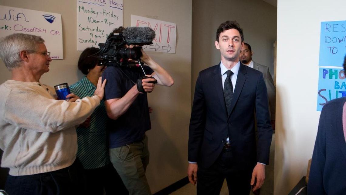 Democratic candidate for Georgia's 6th Congressional District seat Jon Ossoff talks with supporters at a campaign field office.