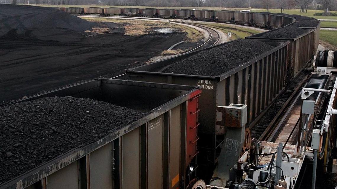 Rail cars loaded with coal line the track on their way to be fed into Dynegy’s Baldwin Energy Complex in southern Illinois.
