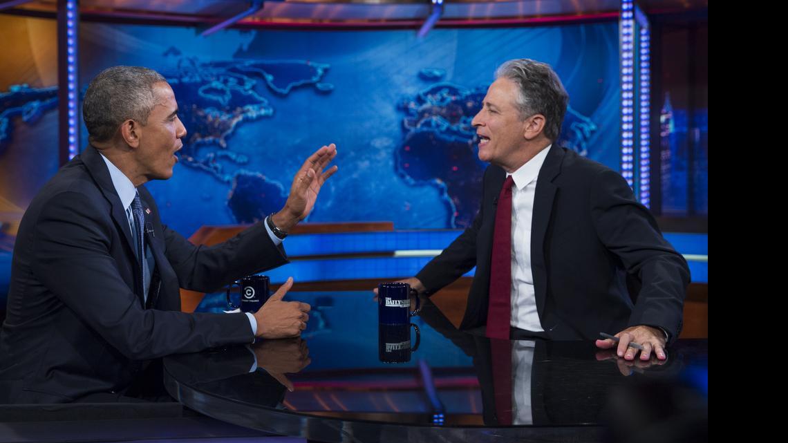 
President Barack Obama, left, talks with Jon Stewart, host of The Daily Show, during a taping, on Tuesday, July 21, 2015, in New York. 
