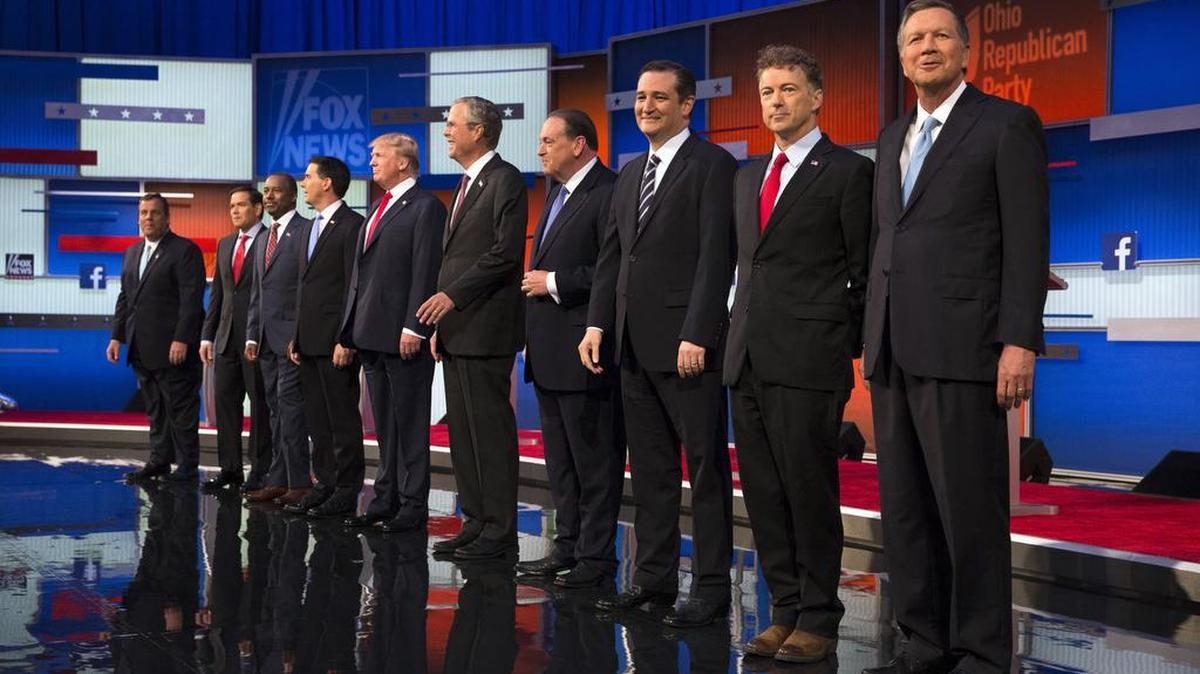 Republican presidential candidates from left, Chris Christie, Marco Rubio, Ben Carson, Scott Walker, Donald Trump, Jeb Bush, Mike Huckabee, Ted Cruz, Rand Paul, and John Kasich take the stage for the first Republican presidential debate at the Quicken Loans Arena Thursday, Aug. 6, 2015, in Cleveland.