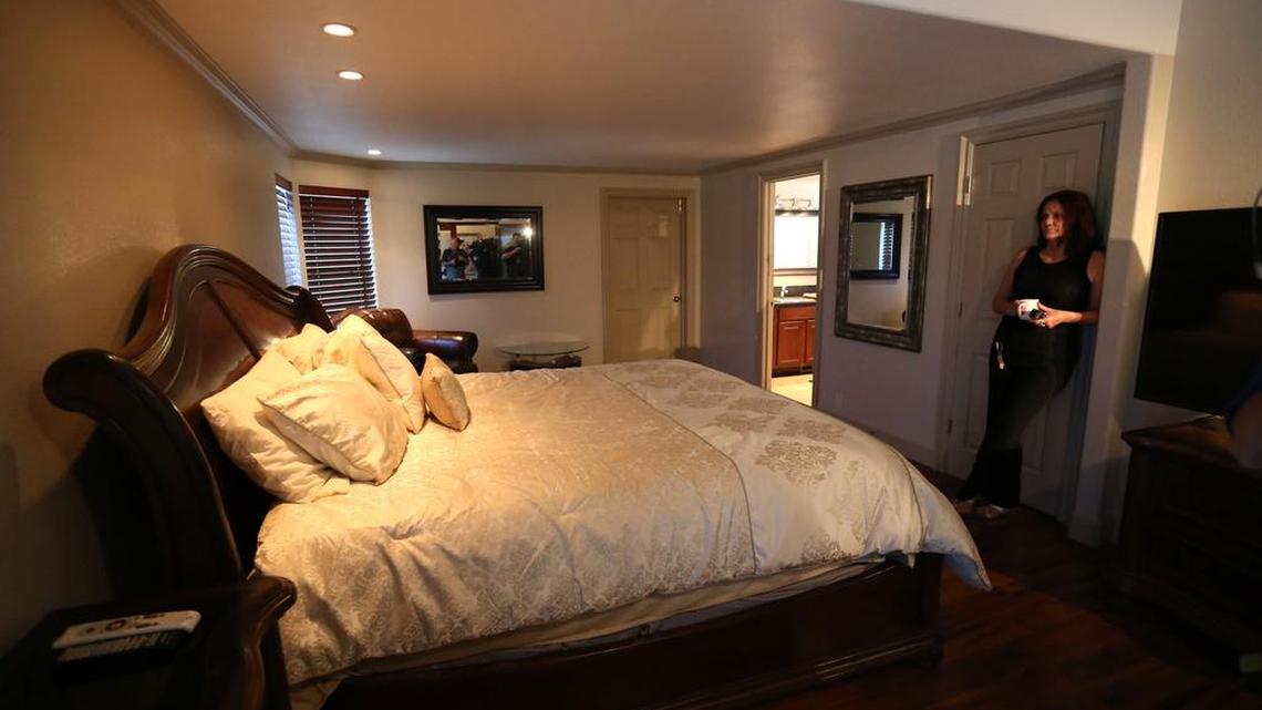 
Lawanna, shift manager at Dennis Hof’s Love Ranch, stands in the bedroom where NBA star Lamar Odom was found unconscious on Wednesday, Oct. 14, 2015.
