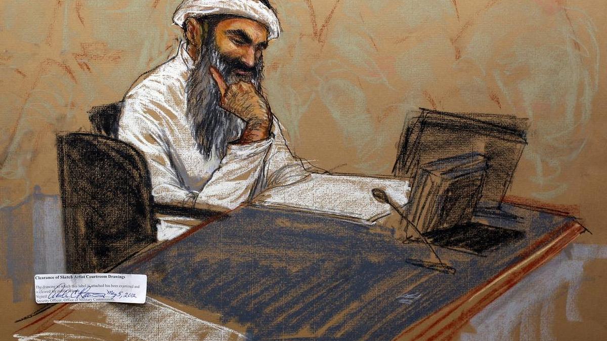 Khalid Sheikh Mohammed, the accused ringleader of the 9/11 attacks, in a courtroom sketch at a military commission hearing in 2012.