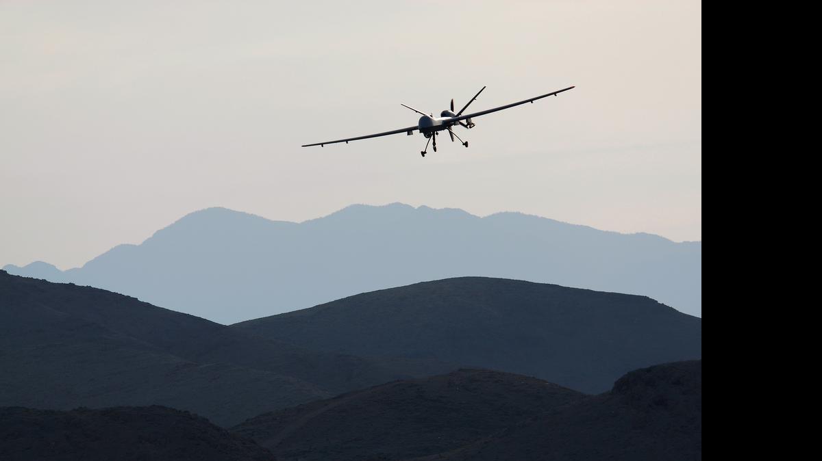 
A Reaper drone aircraft comes in for a landing during a training program at Creech Air Force Base in Nevada.
