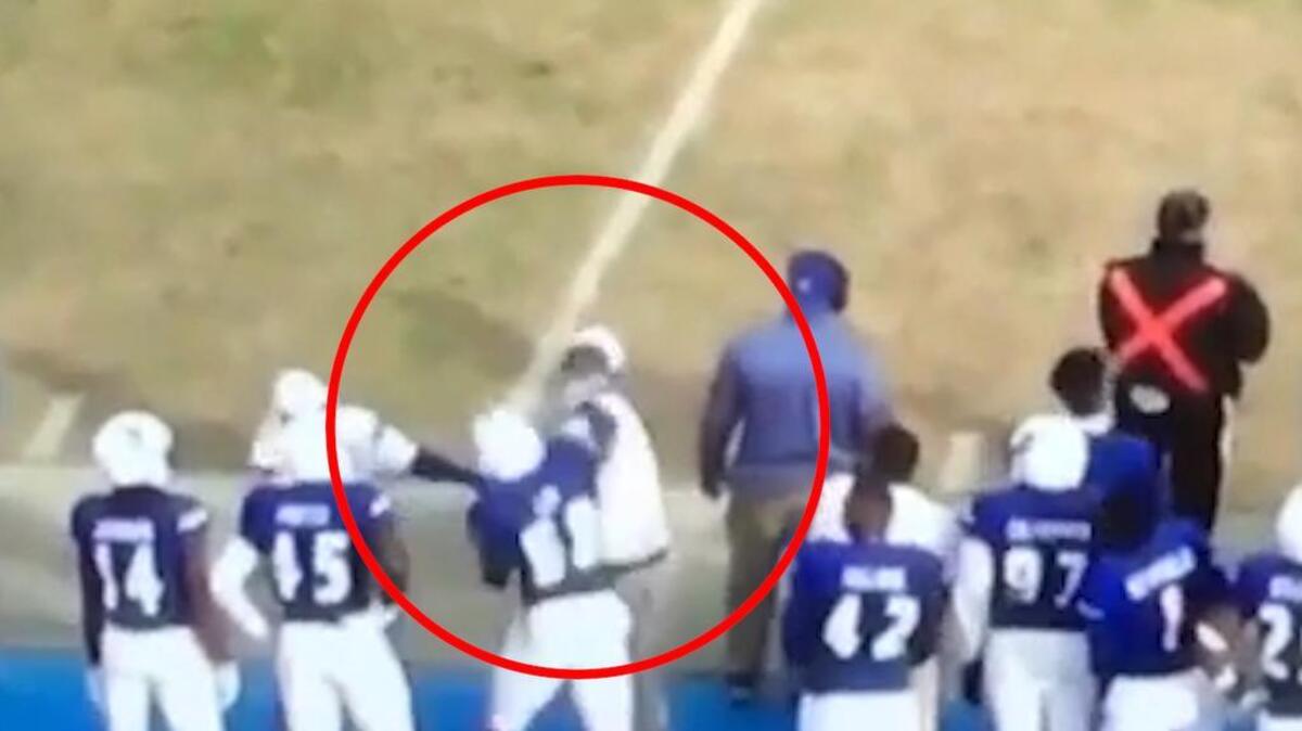 Lee can be seen punching a coach on the sideline during Saturday’s game between Tennessee State and Southeast Missouri State.