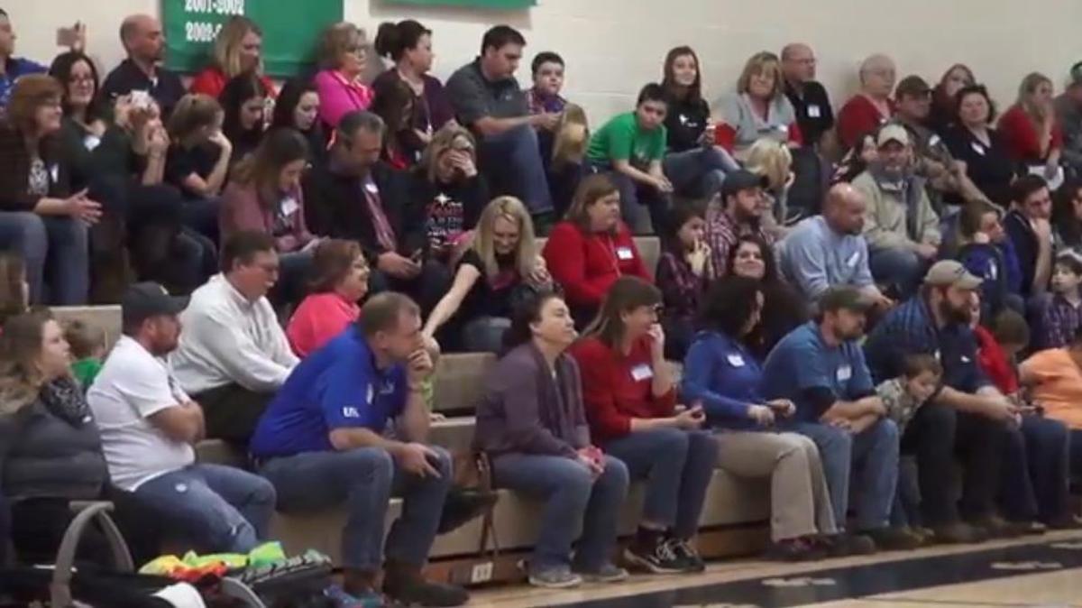 Some members of the audience at a performance of A Charlie Brown Christmas at Johnson County’s W.R. Castle Elementary School recited a Bible passage usually spoken by Linus in the play. This is a frame grab from a video.