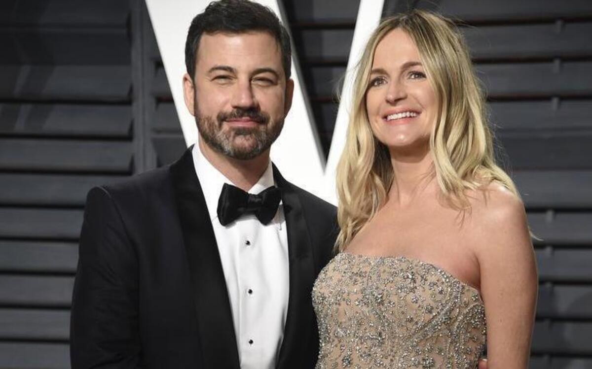 Jimmy Kimmel, left, and Molly McNearney arrive at the Vanity Fair Oscar Party on Feb. 27. McNearney gave birth to their baby boy on April 21.