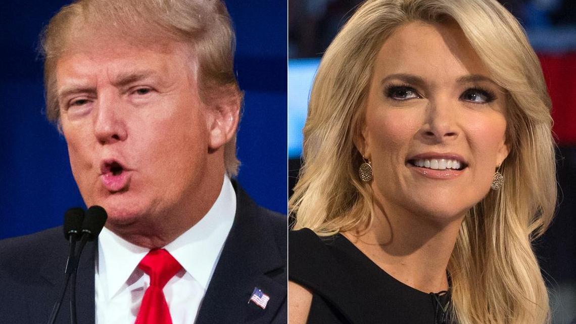 This combination made from Aug. 6, 2015, photos shows Republican presidential candidate Donald Trump and Fox News Channel host and moderator Megyn Kelly during the first GOP presidential debate at the Quicken Loans Arena, in Cleveland. Trump, who has called Kelly a “lightweight” and biased, said at an Iowa news conference Wednesday night that he would be holding a fundraising event in Iowa at the same time as Thursday’s GOP debate to benefit veterans and wounded soldiers.