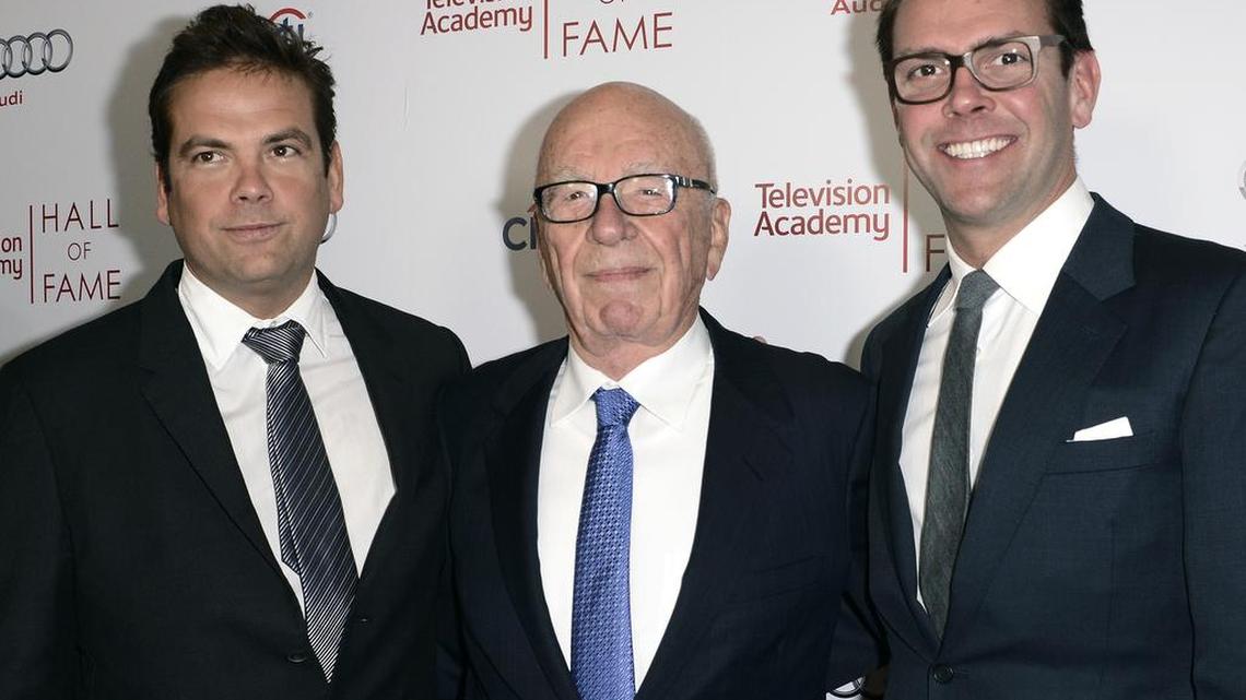 Rupert Murdoch, center, and his sons, Lachlan, left, and James Murdoch attend the Television Academy Hall of Fame in Beverly Hills, Calif., on Tuesday, March 11, 2014. Rupert Murdoch handed over the CEO job at Twenty-First Century Fox Inc. to James; Lachlan became executive co-chairman along with his father.