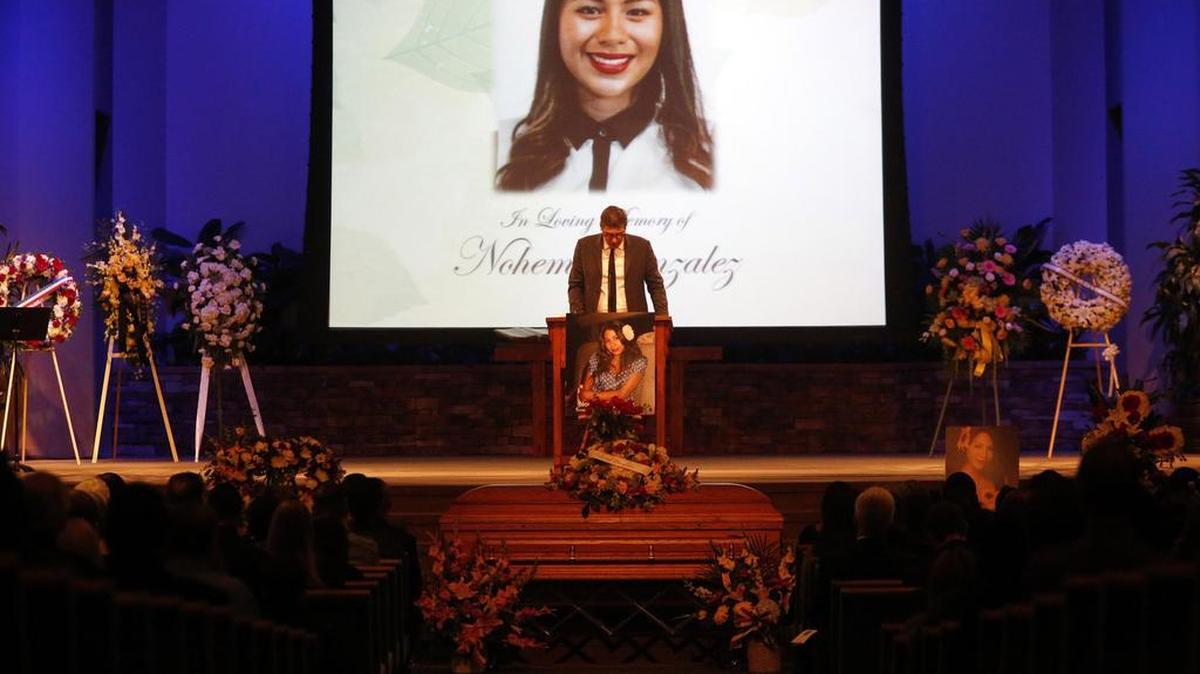 “My thoughts go out to all of you,” said French Consulate General Christophe Lemoine during the funeral services for Paris attack victim Nohemi Gonzalez at the Calvary Chapel in Downey, Calif., on Friday. Gonzalez was the 23 year-old Cal State Long Beach student who was killed while dining with friends at a bistro in Paris last month.