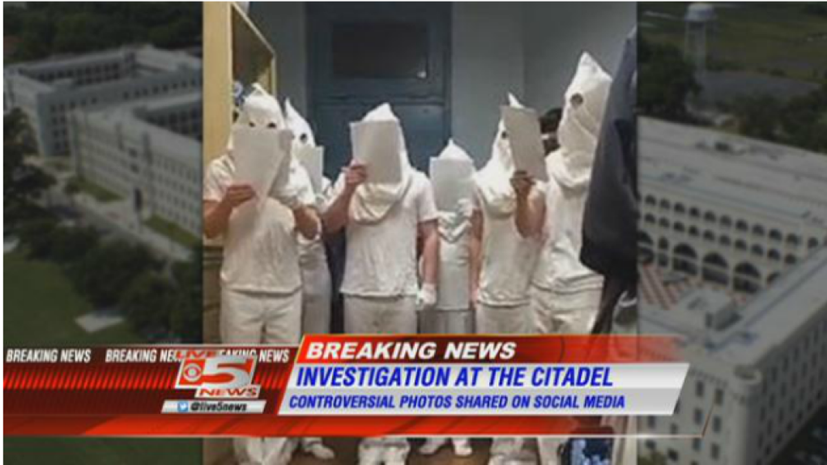 Photos appeared on social media this week showing seven freshmen cadets at The Citadel wearing white T-shirts and white pants with the pillowcases on their heads.