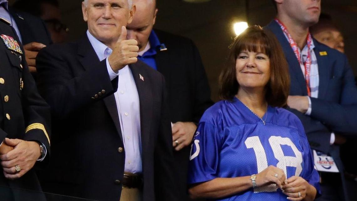 Vice President Mike Pence left the NFL game between the Indianapolis Colts and the San Francisco 49ers, Sunday, Oct. 8, 2017, in Indianapolis after some players knelt during the national anthem.