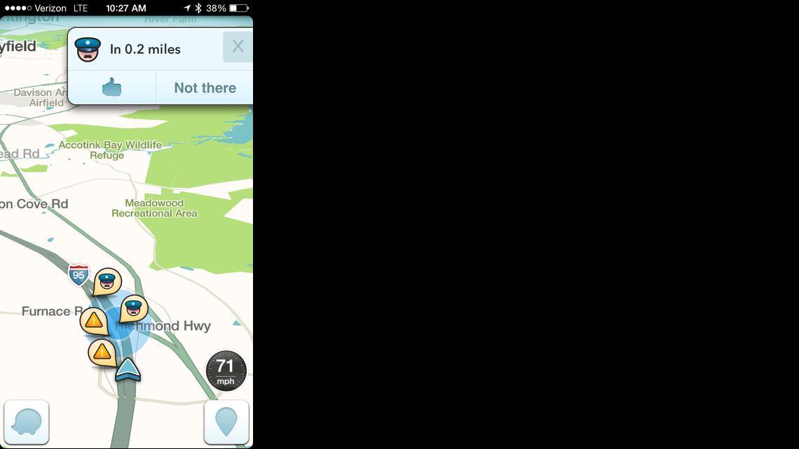 
This image, taken from the the Waze app on an iPhone, shows the reported location of police on a map. Sheriffs are pressuring Google Inc. to turn off this feature.
