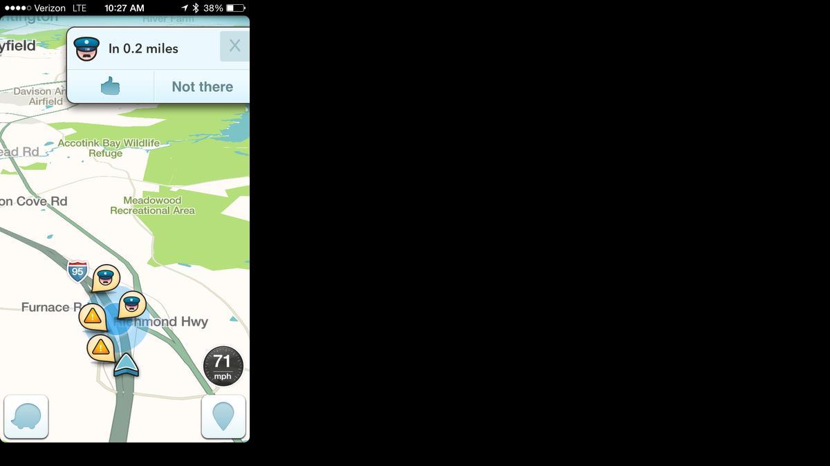 
This image, taken from the the Waze app on an iPhone, shows the reported location of police on a map. Sheriffs are pressuring Google Inc. to turn off this feature.
