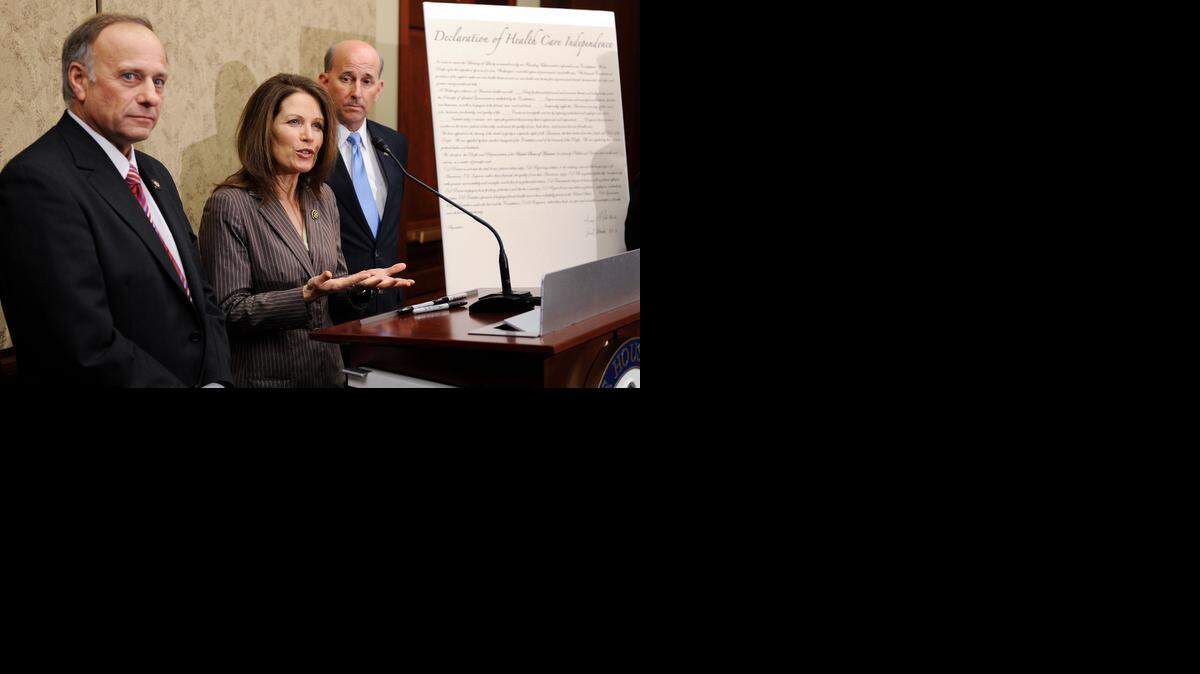 
Rep. Louis Gohmert, right, stands with Reps. Michele Bachmann and Steve King  in this 2010 file photo. Gohmert, R-Texas, said Sunday that he would challenge Speaker John Boehner for the top job in the House. 
