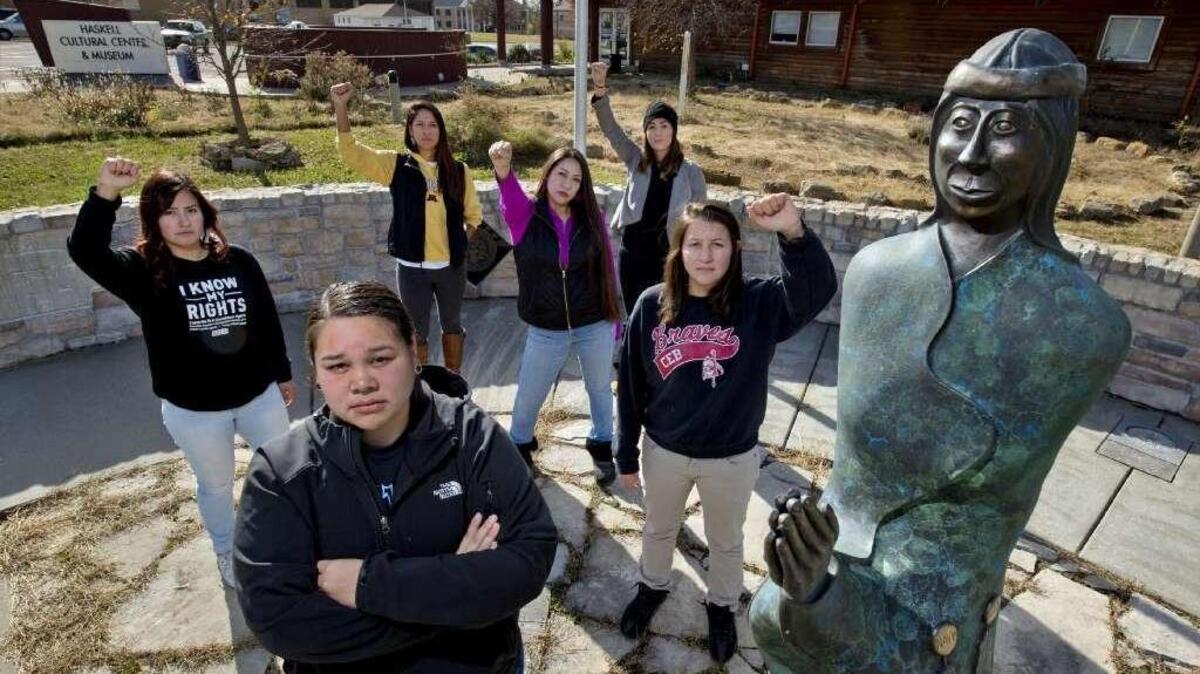 Native American students in Lawrence, Kan., including, from left, Cante England, Hanna White Bull, Jessica Arkeketa, Shereena Baker, Andi Weber and Chloe Gunville have been to the Standing Rock Reservation to support protesters of the Dakota Access pipeline. Here they are pictured at Haskell Indian Nations University in Lawrence.