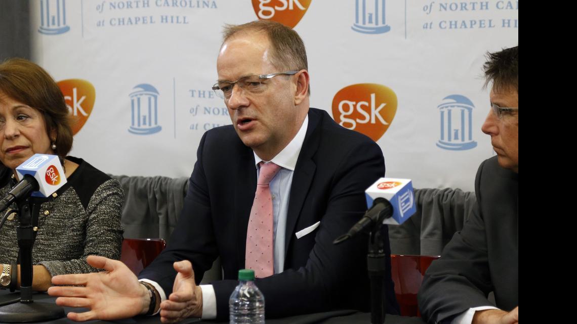 
From left, UNC Chancellor Carol Folt, GlaxoSmithKline CEO Sir Andrew Witty, and NC Governor Pat McCrory took turns answering press questions in UNC's Marsico Hall Monday, May 11, 2015 after a UNC-CH/GSK announcement of a partnership to accelerate the search for an HIV cure. The new partnership will establish a dedicated HIV Cure center at UNC's Marsico Hall and also a new life sciences company Qura Theraputics to further HIV/AIDS research for a cure. 
