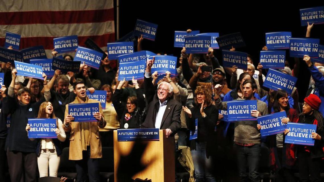 Democratic presidential candidate, Sen. Bernie Sanders, I-Vt., speaks during a rally at UMass Amherst on Saturday in Amherst, Mass.