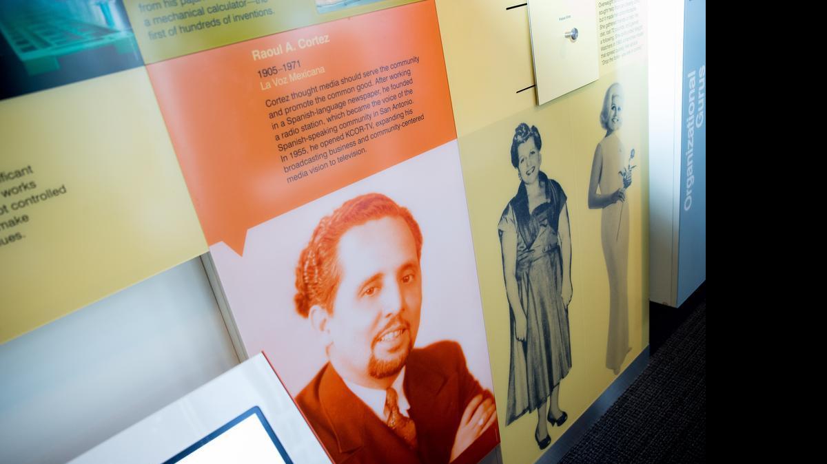 
A photograph of Raoul Cortez, a community-centered media pioneer, is displayed at the American Enterprise exhibit at the Smithsonian’s National Museum of American History in Washington. The Smithsonian’s National Museum of American History will open its new innovation wing on July 1. 
