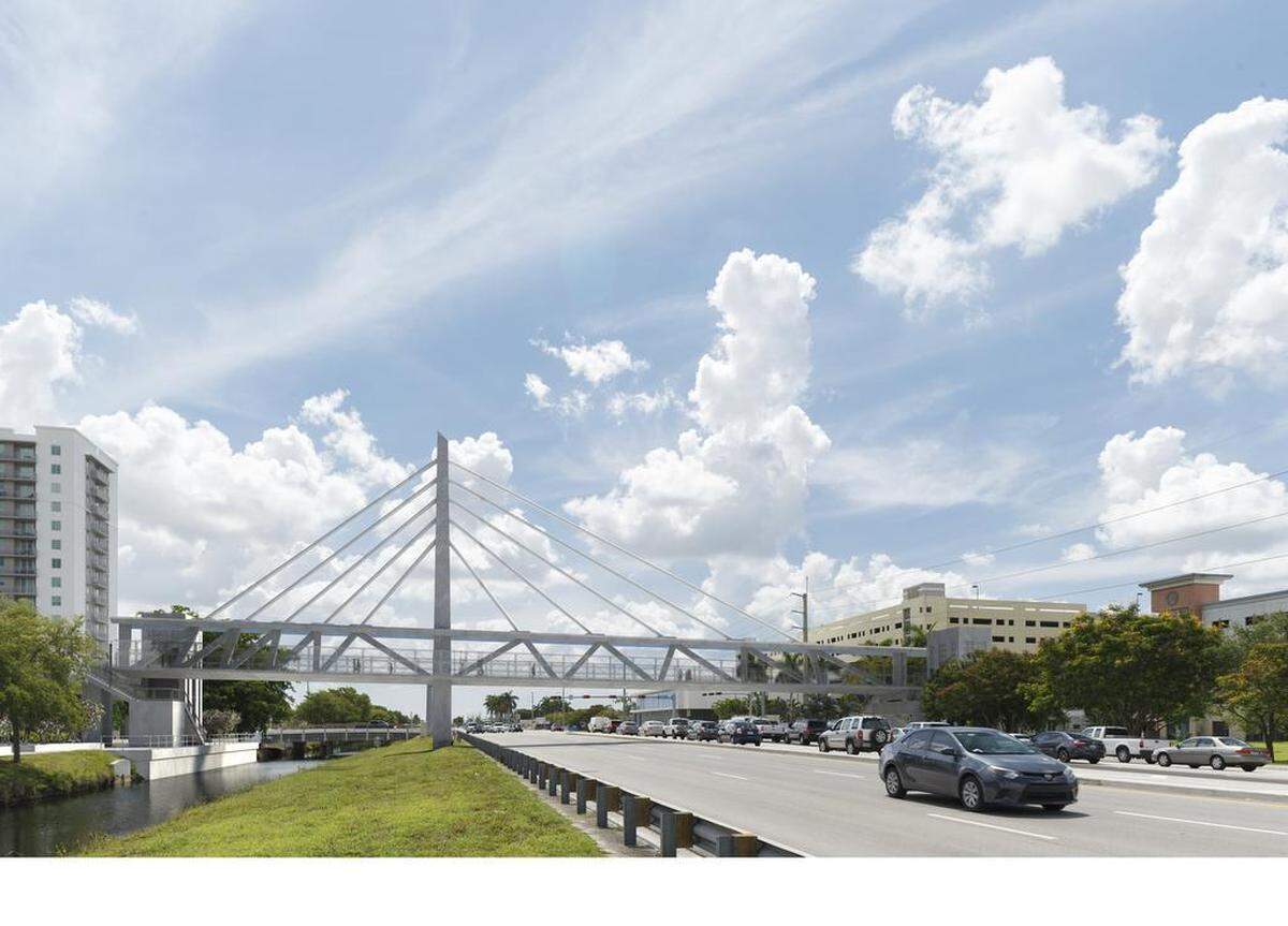A rendering shows the completed pedestrian bridge connecting Florida International University’s main campus to Sweetwater over the Tamiami Trail (Southwest Eighth Street).