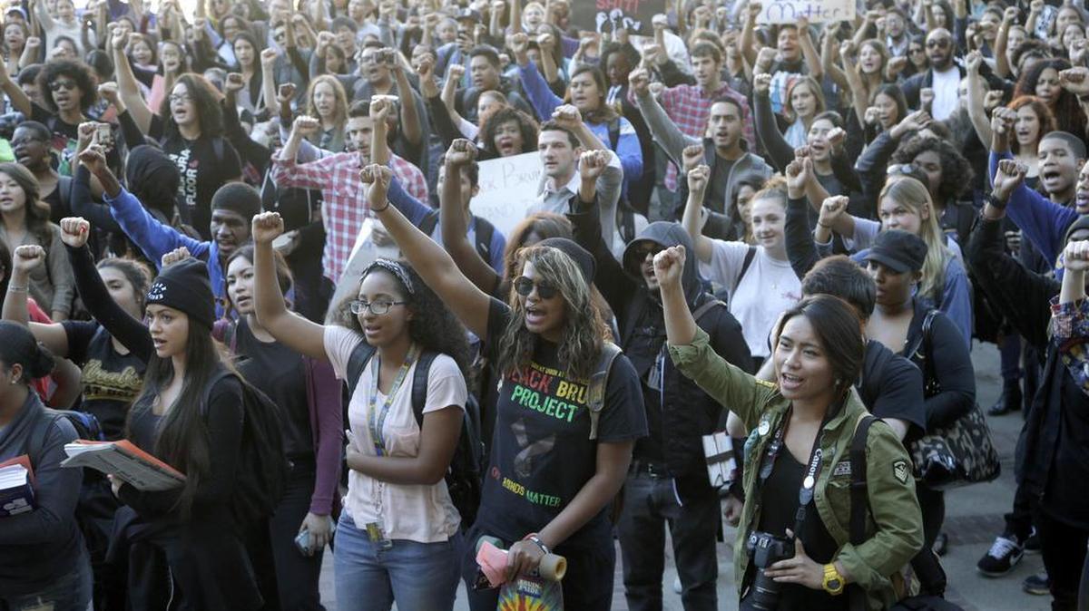 UCLA students stage a protest to show solidarity with protesters at the University of Missouri on Thursday, Nov. 12, 2015 in Los Angeles. Thousands of students across the U.S. took part in demonstrations at university campuses Thursday to show solidarity with protesters at the University of Missouri, and to shine a light on what they say are racial problems at their own schools.