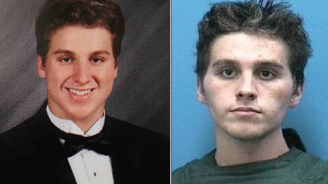 Austin Harrouff, 19, in his fraternity photo and arrest mugshot.