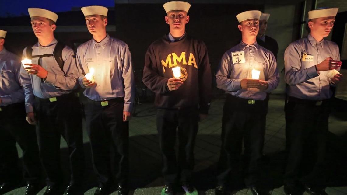 
Maine Maritime Academy students attend a vigil of hope for the missing crew members of the U.S. container ship El Faro on Oct. 6.
