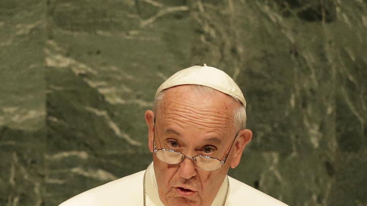 
Pope Francis addresses the 70th session of the United Nations General Assembly, Friday, Sept. 25, 2015 at United Nations headquarters. 
