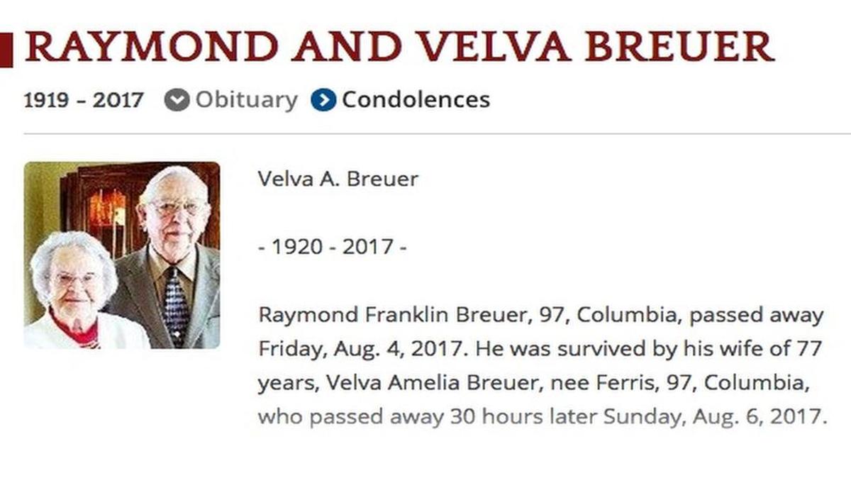 The obituary for Raymond and Velva Breuer.