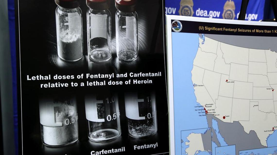 Posters comparing lethal amounts of heroin, fentanyl, and carfentanil on display during a news conference about the dangers of fentanyl at DEA Headquarters in Arlington Va.