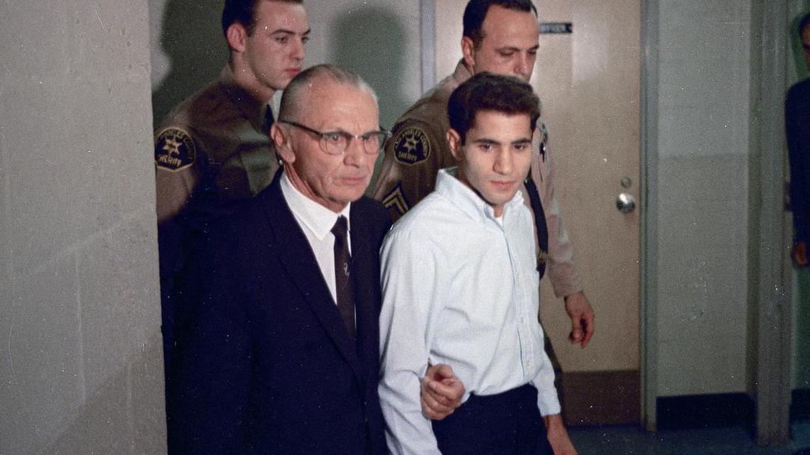 Sirhan Sirhan, right, assassin of Sen. Robert F. Kennedy, is seen with his attorney Russell E. Parsons in Los Angeles in June 1968.