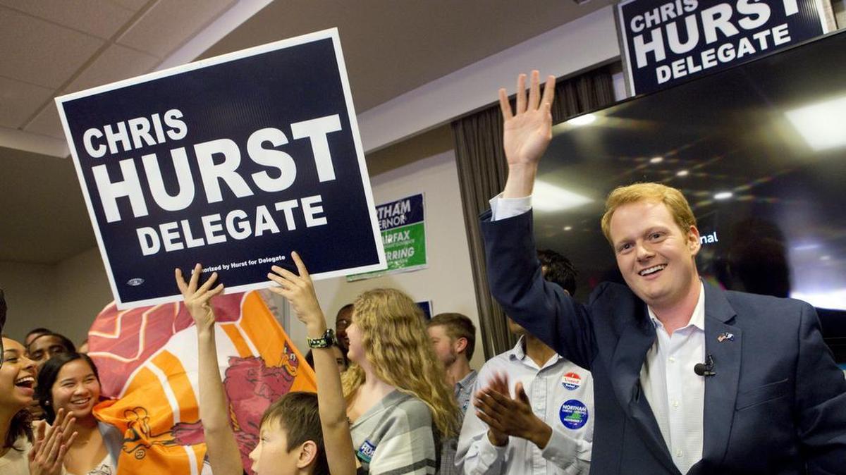 Democrat Chris Hurst defeated Republican Joseph Yost to win House of Delegates District 12 on Tuesday, Nov. 7, 2017, in Blacksburg, Va. Hurst celebrates with a packed room of supporters at The Hyatt Place in Blacksburg.