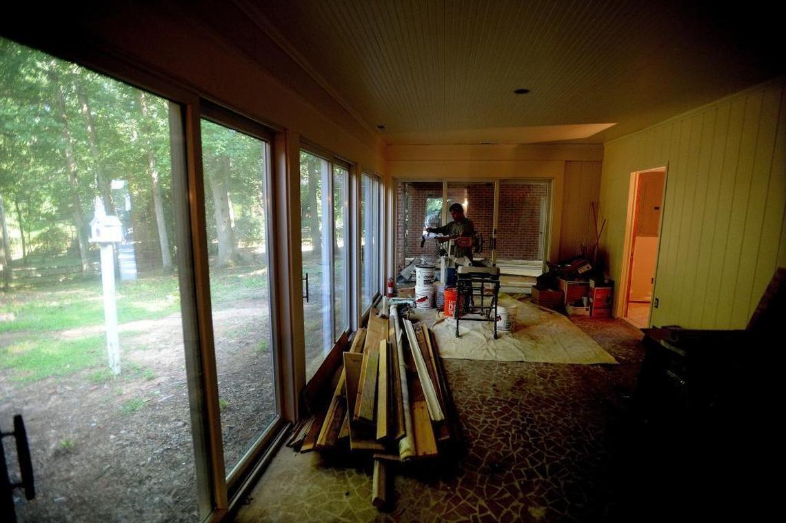 Construction work underway inside a home off Carmel Road under renovation by Kim Trouten and her husband Jack Trouten.