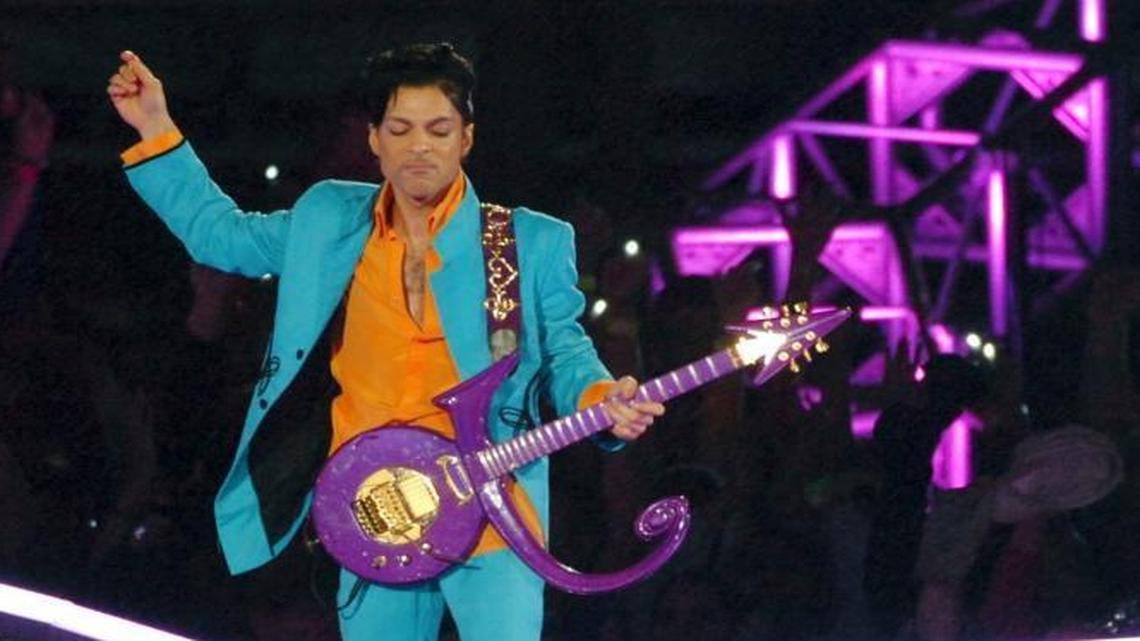 Prince in performance at a rain-soaked Super Bowl XLI that featured Chicago Bears vs. Indianapolis Colts on Feb. 4, 2007.
