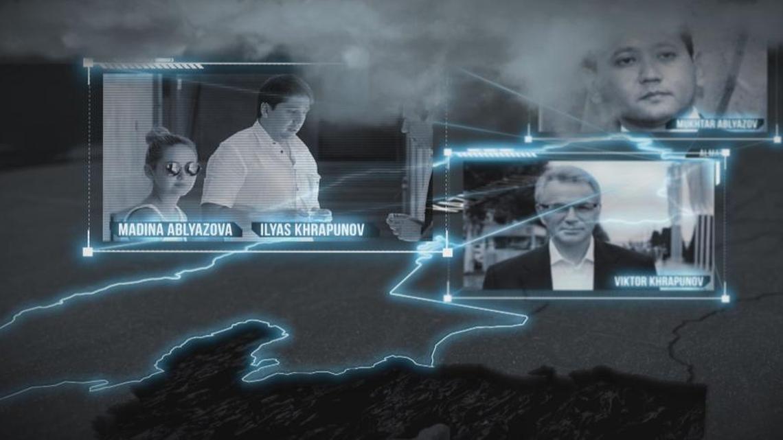 This graphic from Dutch broadcaster Zembla shows Mukhtar Ablyazov, a fugitive Kazakh banker, former Almaty Mayor Viktor Khrapunov, and their children, who are married, Madina Ablyazova and Ilyas Khrapunov. All face lawsuits alleging embezzlement.