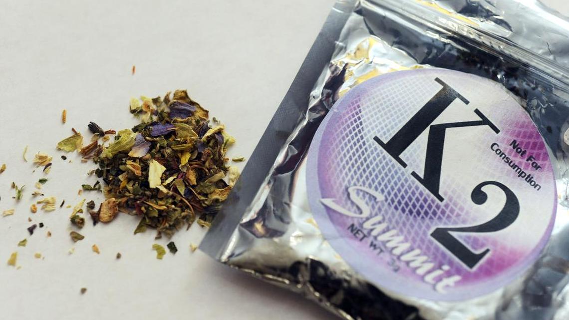 This Feb. 15, 2010, photo shows a package of K2 or synthetic marijuana, which contains herbs and spices sprayed with a synthetic compound chemically similar to THC. Some people in Illinois have bled out of their eyes and ears after taking the drug, state officials warn.