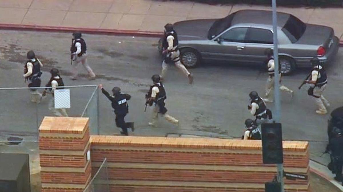 In this image made from video, police respond to a fatal shooting at the University of California, Los Angeles, Wednesday, June 1, 2016, in Los Angeles.