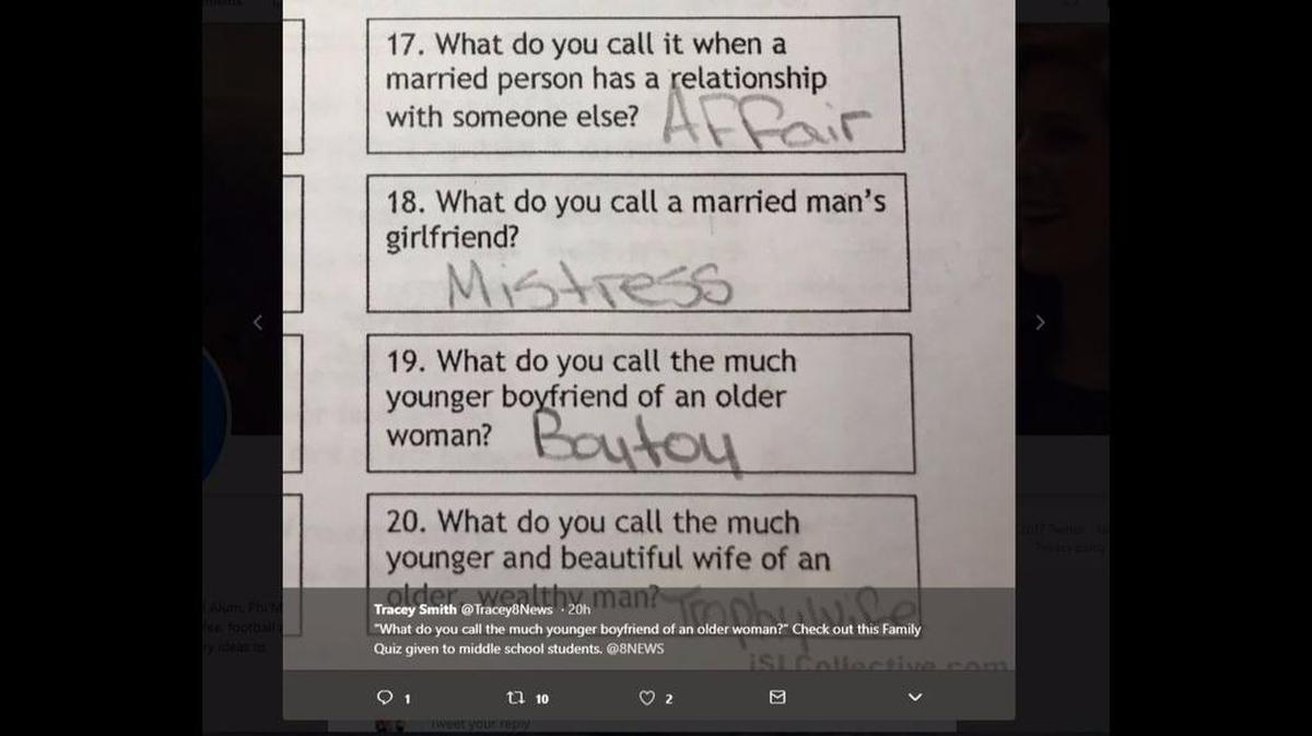 A school in Hopewell, Virginia came under fire for giving middle school students a quiz with questions about mistresses, boy toys and trophy wives.