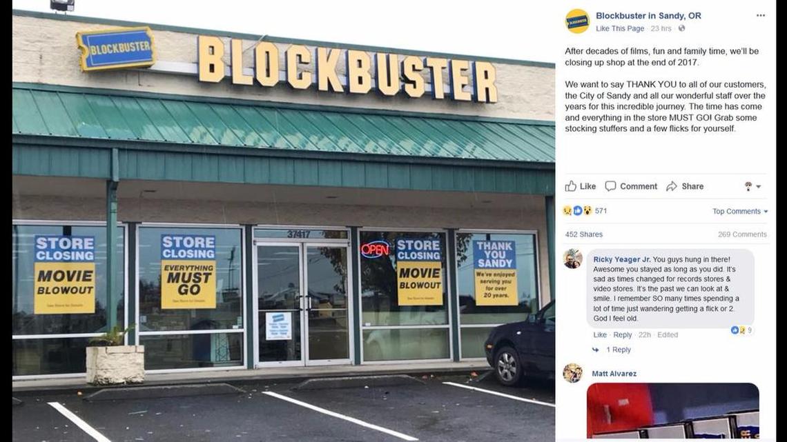 A Blockbuster store in Sandy, Ore., announced Saturday on Facebook that it will close at the end of the year.