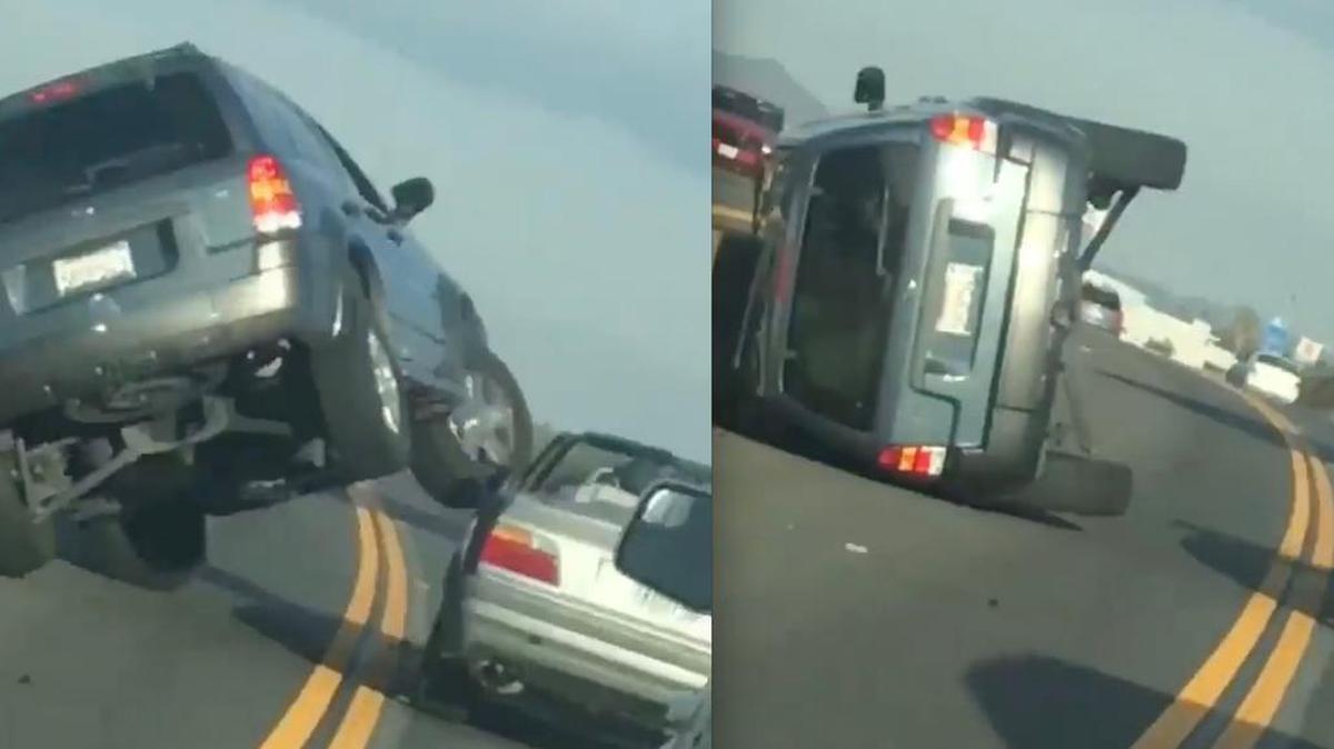 Two men in southern California could face charges after a road rage incident in which a convertible driver spit at an SUV driver, leading the SUV driver to retaliate by sideswiping the convertible — nearly hitting the convertible driver and tipping his own SUV, video shows.