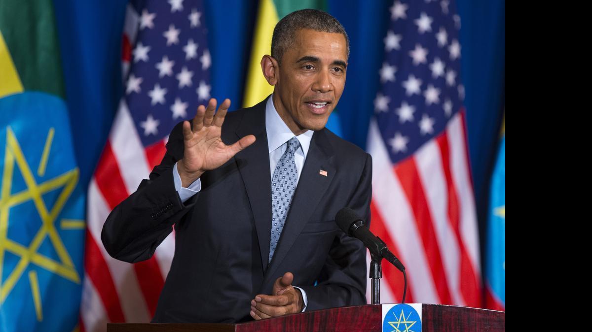 
President Barack Obama speaks during a joint news conference with Ethiopian Prime Minister Hailemariam Desalegn, Monday, July 27, 2015, at the National Palace in Addis Ababa. Obama is the first sitting U.S. president to visit Ethiopia. 
