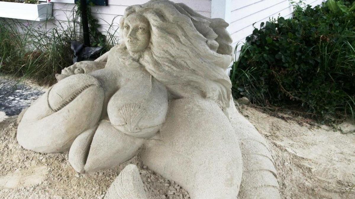 This sand sculpture in front of Salty’s Seafood Restaurant in West Yarmouth, Mass., is part of a larger collection of sculptures throughout Yarmouth.
