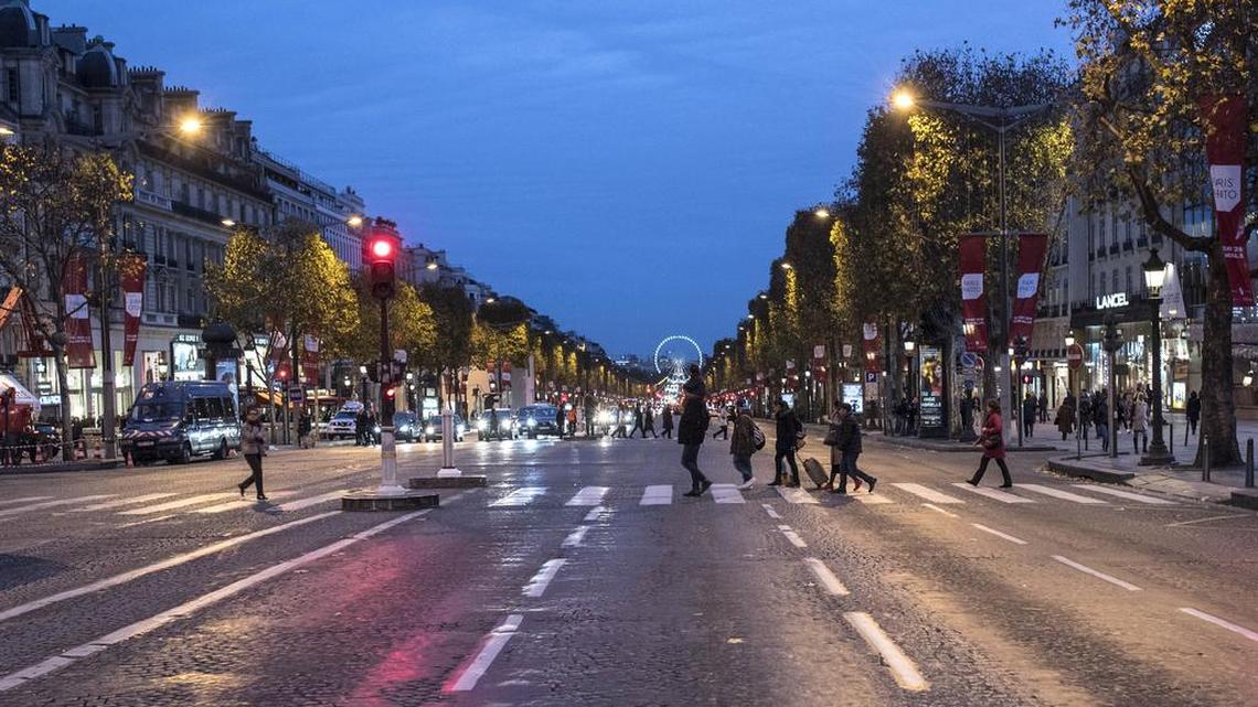 The Champs Elysees, Paris’s main avenue, was all but empty on Nov. 14, 2015, as people remained at home after Friday night’s terrorist attacks.